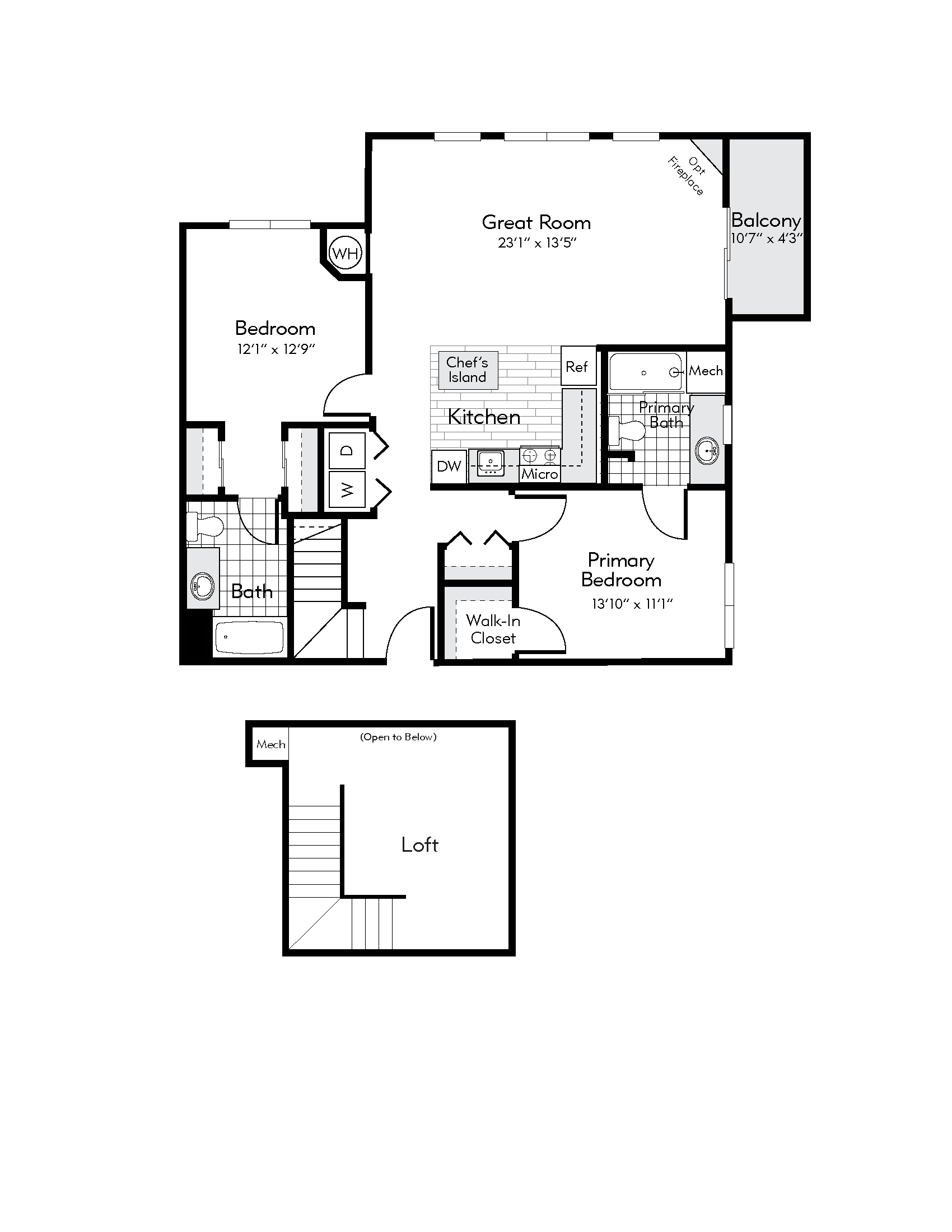 Floor plan for 2 beds, 2 baths, 1237 sqft